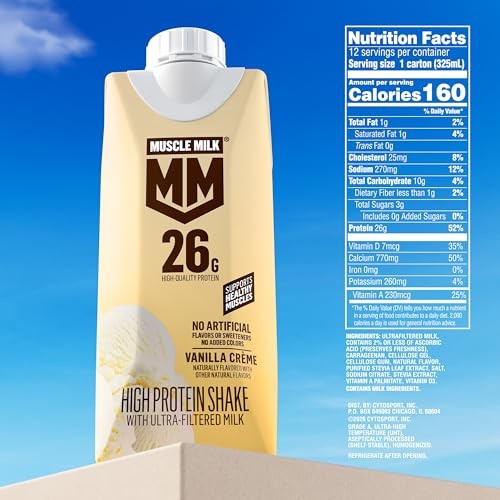 Muscle Milk High Protein Shake, Vanilla Creme, 11 Fl Oz Cartons (4 Pack) Ultra-Filtered Milk, 26g High Quality Protein, 3g Sugar, 160 Calories, No Art thumbnail