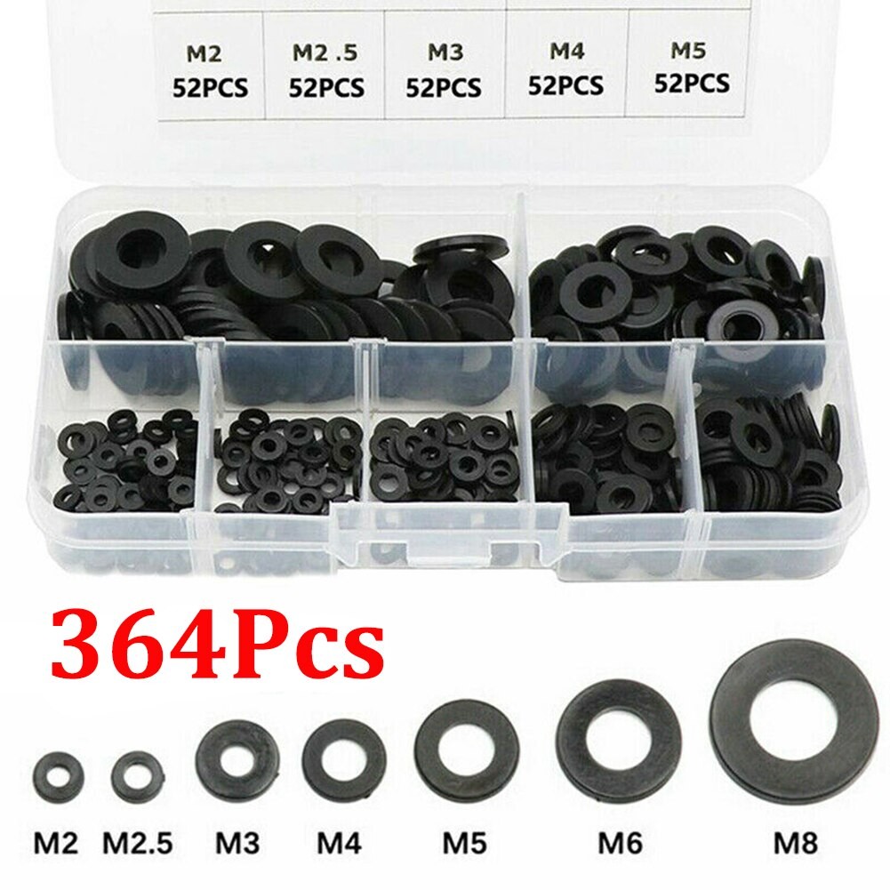364 Teile/satz Schwarz Nylon Gummi Flache Ring Reparatur Unterlegscheibe Möbel Dichtung Bausatz Für Metrische M2-M8 CSV thumbnail