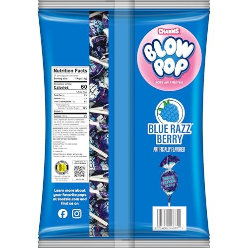 Charms Blow Pop Single Flavor Bag - Blue Raspberry Flavored Lollipops with a Bubble Gum Center - Individually Wrapped Hard Candy - Blue Candy - Peanut thumbnail