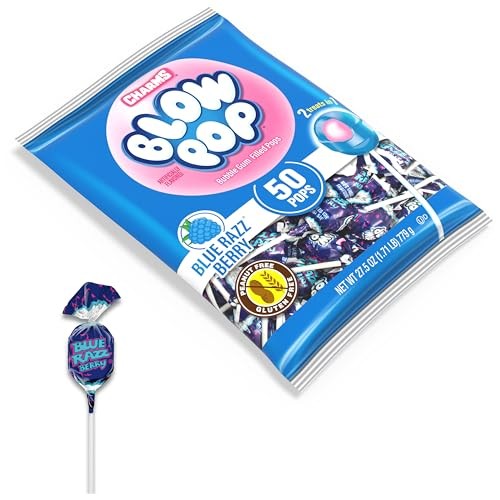Charms Blow Pop Single Flavor Bag - Blue Raspberry Flavored Lollipops with a Bubble Gum Center - Individually Wrapped Hard Candy - Blue Candy - Peanut thumbnail