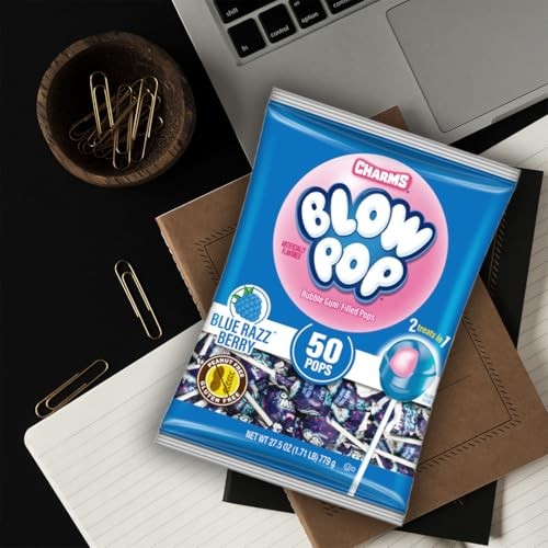 Charms Blow Pop Single Flavor Bag - Blue Raspberry Flavored Lollipops with a Bubble Gum Center - Individually Wrapped Hard Candy - Blue Candy - Peanut thumbnail