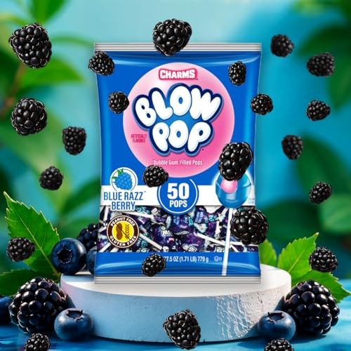 Charms Blow Pop Single Flavor Bag - Blue Raspberry Flavored Lollipops with a Bubble Gum Center - Individually Wrapped Hard Candy - Blue Candy - Peanut thumbnail