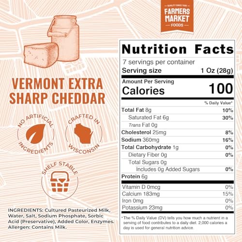Farmers Market, Gluten Free, Keto, Paleo, Low Sodium, Zero Sugar, Wisconsin Cheese, 1-Pack, Vermont Extra Sharp Cheddar thumbnail