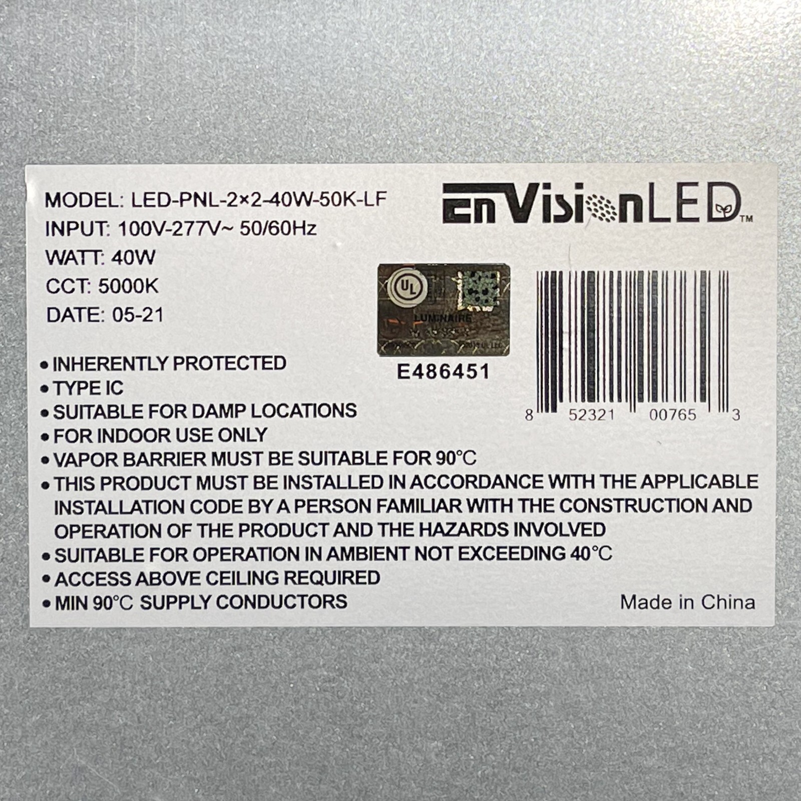 EnVision LED Panel 2x2, 40W 4,000 Lumens, 5000K, 0-10V Dimmable, 4 Pieces thumbnail