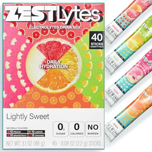 ZestLytes 40 Sticks Sugar Free & 0 Calorie Electrolyte Hydration Packets, Low Sodium Lightly Sweet Electrolyte Powder Drink Mix, Liquid Daily IV Flavo