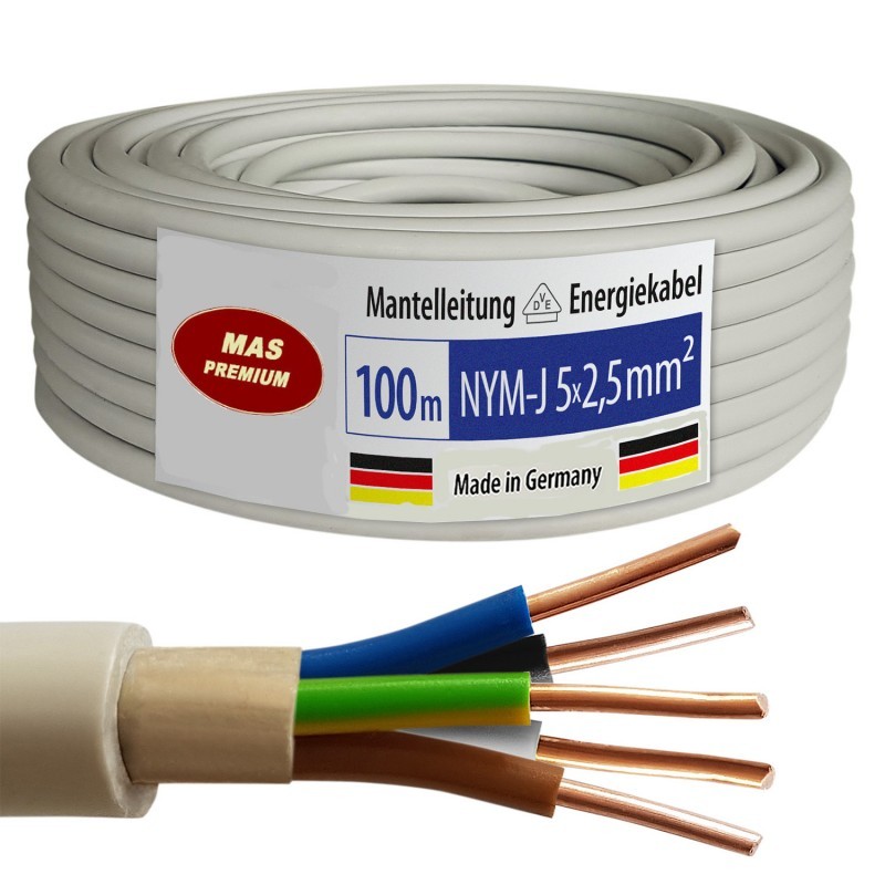 Stromkabel Elektrokabel Mantelleitung Kupfer 100m Nym-J 5x2,5mm² Made in Germany