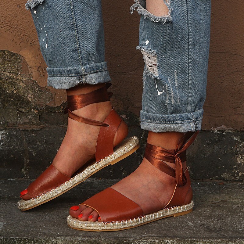 Plus Size 35-43 Sommarsandaler Med öppen Tå Korsbundna Sandalier Halm Fritidsskor Platt Sandal Zapatos Mujer 7263