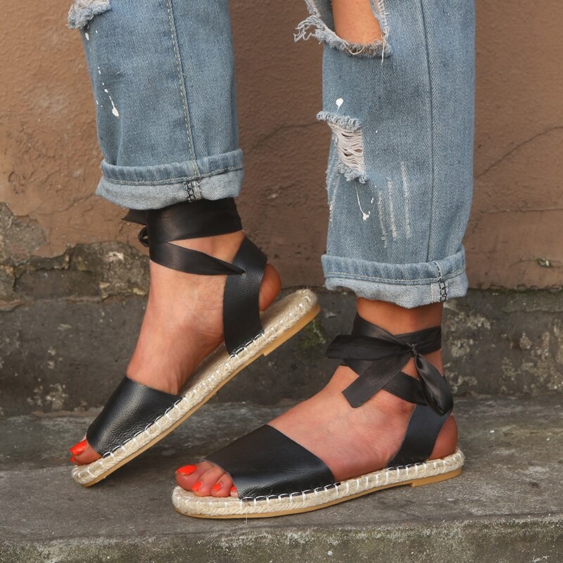 Plus Size 35-43 Sommarsandaler Med öppen Tå Korsbundna Sandalier Halm Fritidsskor Platt Sandal Zapatos Mujer 7263