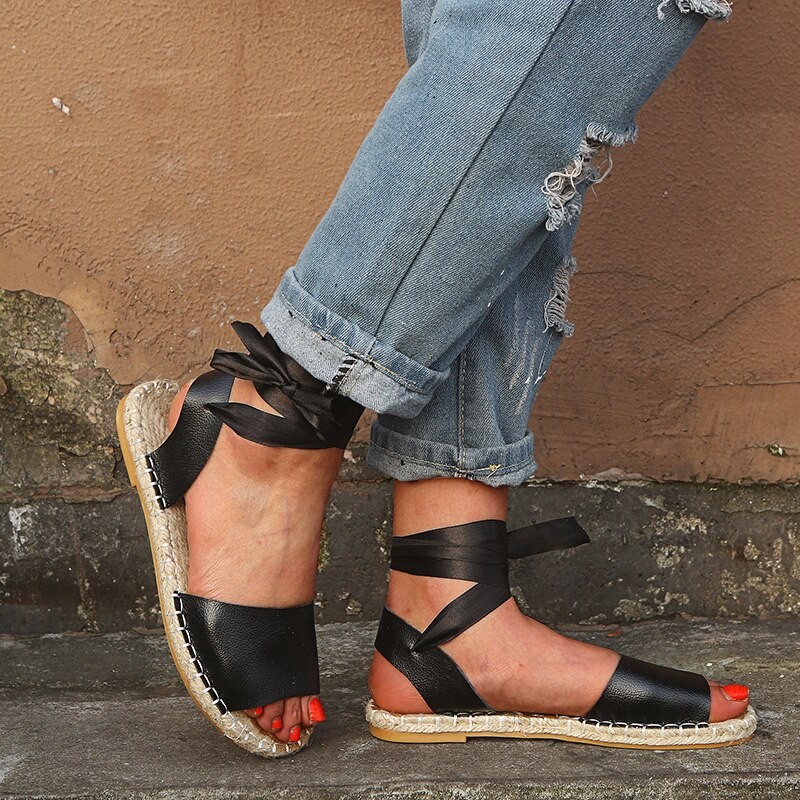 Plus Size 35-43 Sommarsandaler Med öppen Tå Korsbundna Sandalier Halm Fritidsskor Platt Sandal Zapatos Mujer 7263 thumbnail