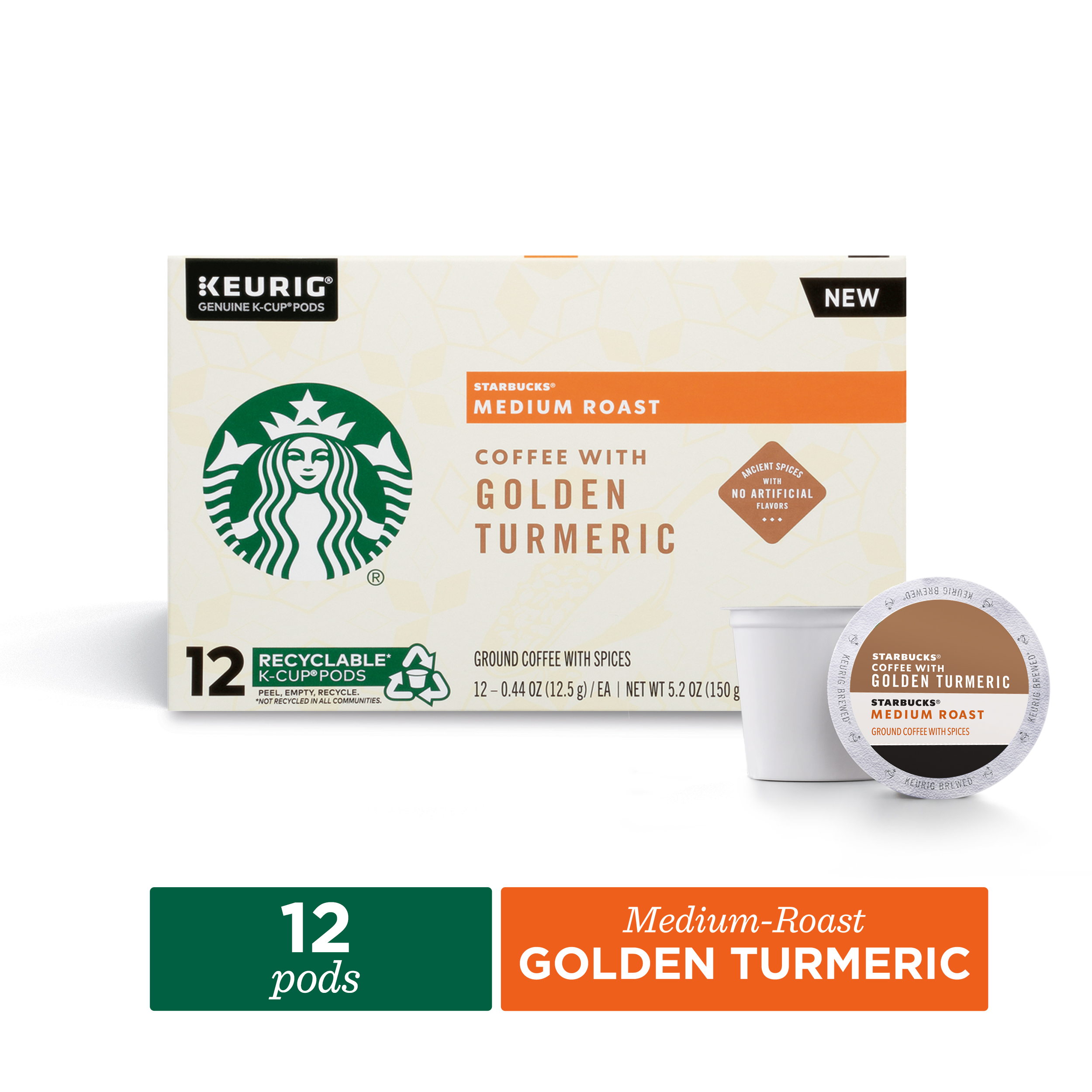 Starbucks Medium Roast K-Cup Coffee Pods with Golden Turmeric â€” for Keurig Brewers â€” 1 Box (12 Pods)