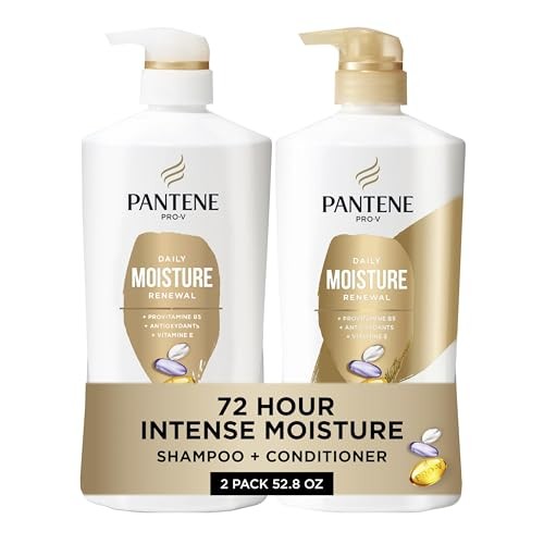 Pantene Shampoo & Conditioner Set, Daily Moisture Renewal with Vitamin E - Pro-V Nutrients for Dry, Color-Treated, Straight to Curly Hair, 72-Hour Hyd