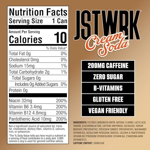 JST WRK Energy Drink - 12-Pack, Sugar-Free, Zero Calories, No Sugar Alcohols, 12 Fl Oz., 200 Milligrams Caffeine (Cream Soda) thumbnail
