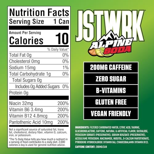 JST WRK Energy Drink - 12-Pack, Sugar-Free, Zero Calories, No Sugar Alcohols, 12 Fl Oz., 200 Milligrams Caffeine (Alpine Soda) thumbnail