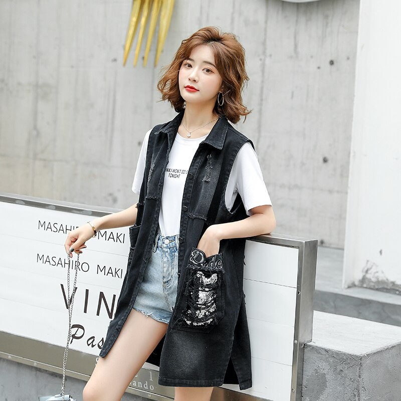 #3119 Black Long Denim Vest Women with Sequins Harajuku Streetwaer Woman Vest Waistcoat Vintage Sleeveless Jacket Big Pockets thumbnail
