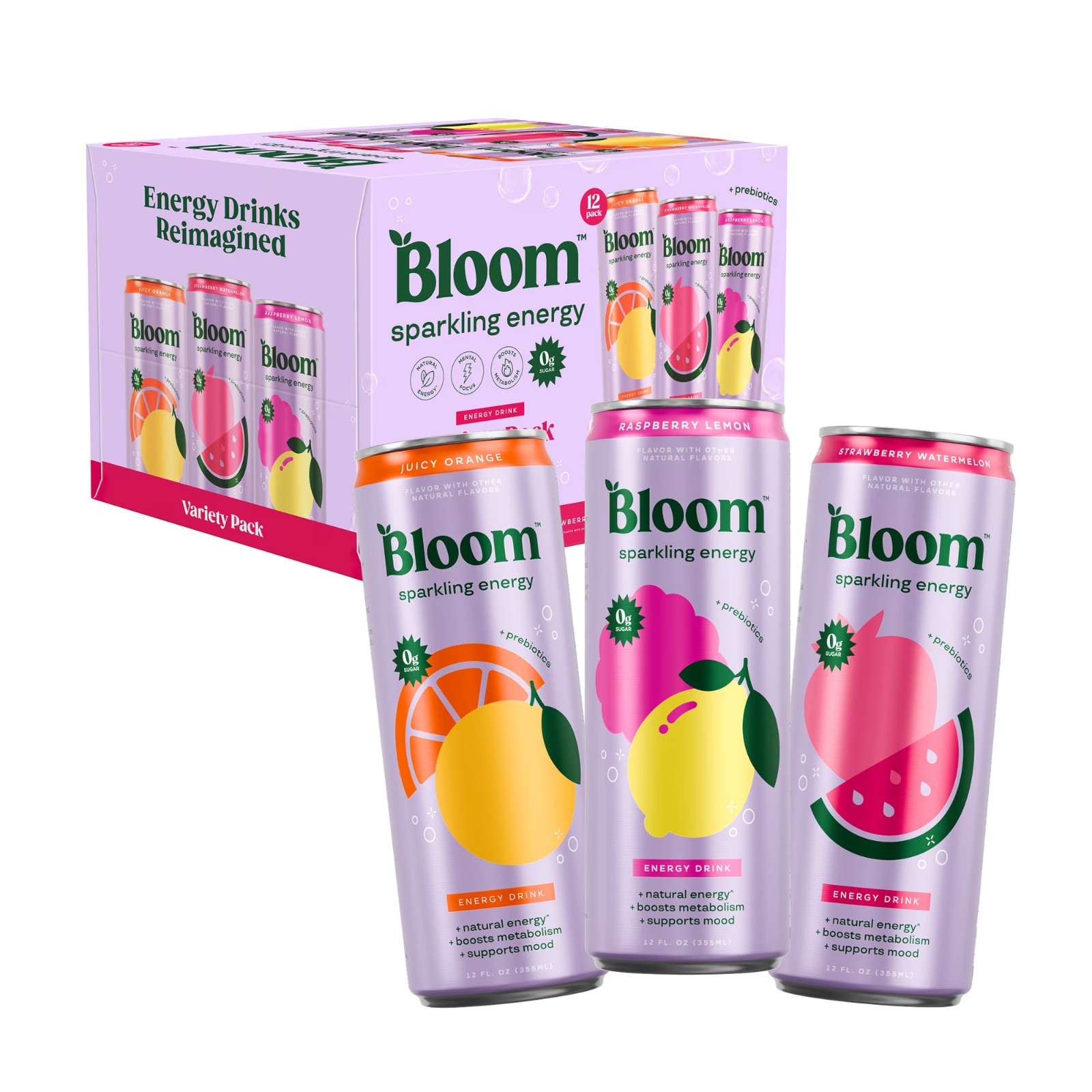 Bloom Nutrition Sparkling Energy Drink, Variety, 12 Fl Oz Cans, 12 Pack