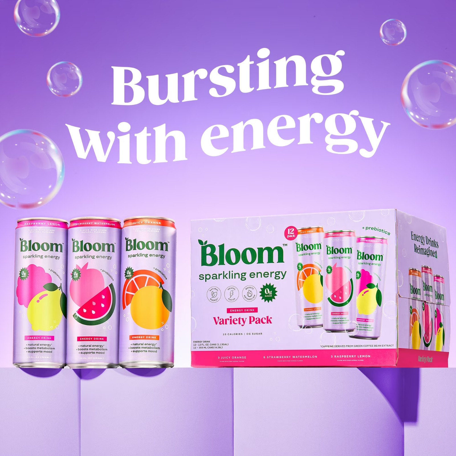 Bloom Nutrition Sparkling Energy Drink, Variety, 12 Fl Oz Cans, 12 Pack thumbnail