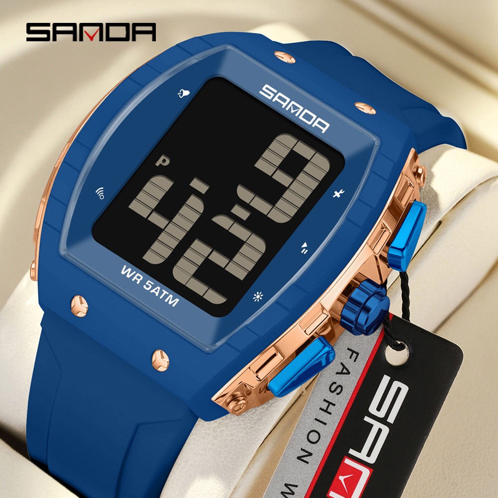 SANDA Men's LED Digital 6222 Watches Casual Date and Week Alarm Waterproof Wristwatch Man Silicone Strap Electronic Watch