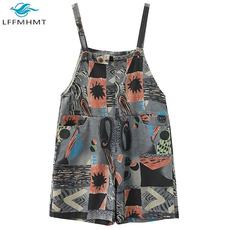 6051 Women Summer Korean Thin Denim Shorts Student Casual Large Loose Vintage Print Suspender Playsuit Female Streetwear