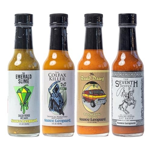 Sauce Leopard Hot Sauce Variety 4-Pack - the Emerald Slime, the Colfax Killer, the Road Dawg, the Seventh Reaper - Award-Winning Gift Set, 5 Fl Oz Eac