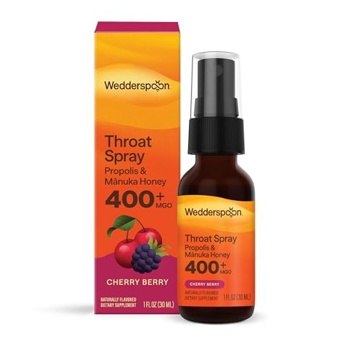 Wedderspoon Propolis & Manuka Honey Throat Spray, Cherry Berry, 1 Fl Oz, Sore Throat Relief & Immune Support, Natural Soothing Wellness