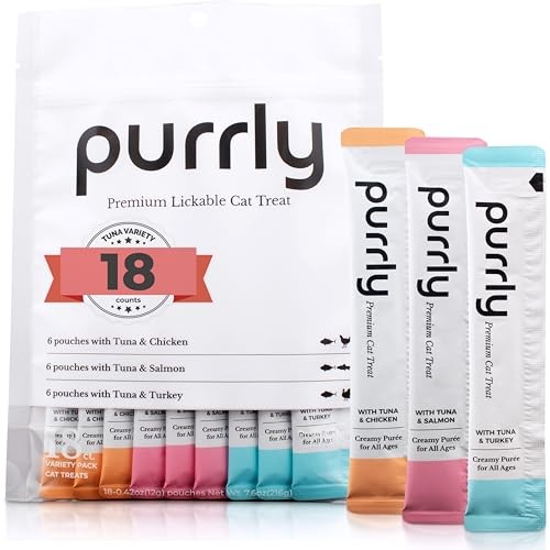 Purrly Cat Treat Snack Wet Lickable Low Calorie Healthy Grain-Free Tuna Variety Packs (18 Count) Squeezable Creamy Purée with Human-Grade Proteins an