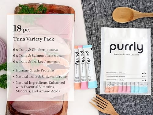 Purrly Cat Treat Snack Wet Lickable Low Calorie Healthy Grain-Free Tuna Variety Packs (18 Count) Squeezable Creamy Purée with Human-Grade Proteins an thumbnail