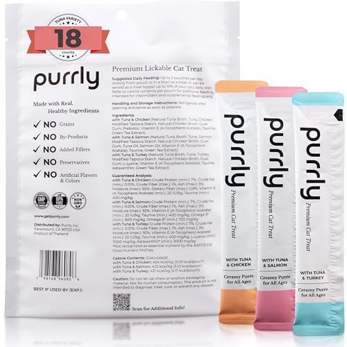 Purrly Cat Treat Snack Wet Lickable Low Calorie Healthy Grain-Free Tuna Variety Packs (18 Count) Squeezable Creamy Purée with Human-Grade Proteins an thumbnail