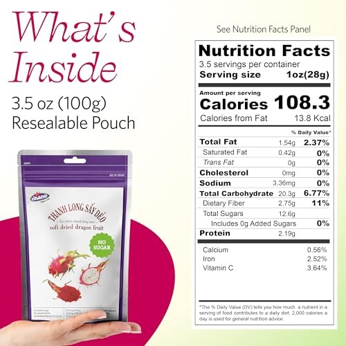 Vinamit Soft Dried Dragon Fruit Slices | No Sugar Added | 3.5 Oz Bag | 100% Naturally Sweet, Vegan, Non-GMO, Gluten-Free | Fruit Snacks Ideal as a Dri thumbnail