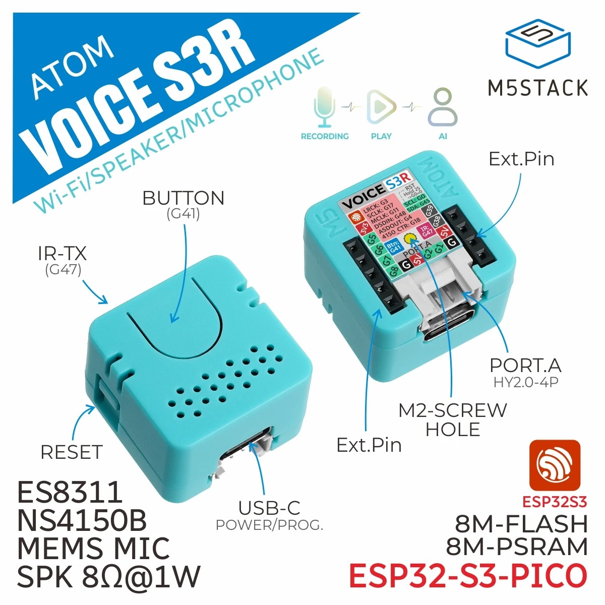 M5Stack Official Atom VoiceS3R Smart Speaker Dev Kit
