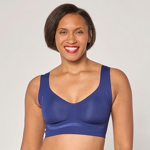 Rhonda Shear Invisible Edge Satin-Trim Bra - Blue - Size Medium