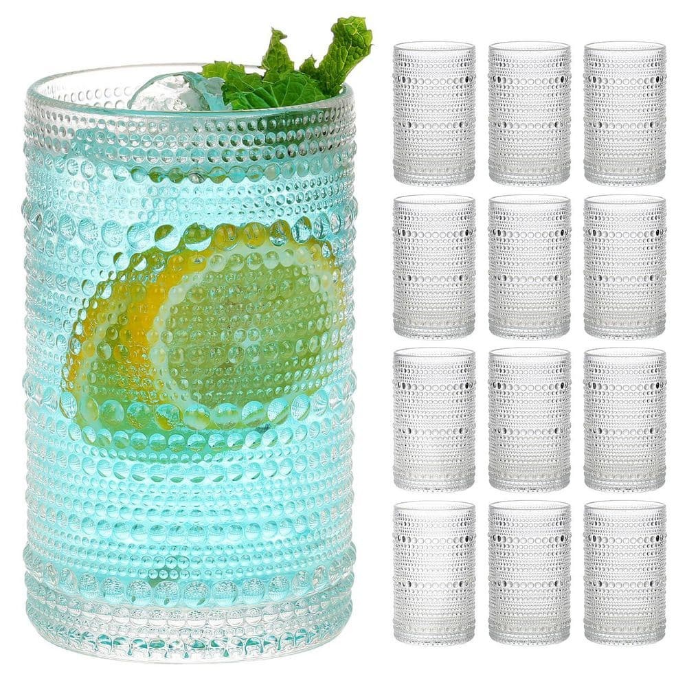 12 Oz. Clear Embossed Boho Water Glass Cups for Whiskey, Beer, Juice, Milk and Various Mixed Drinks, Set of 12