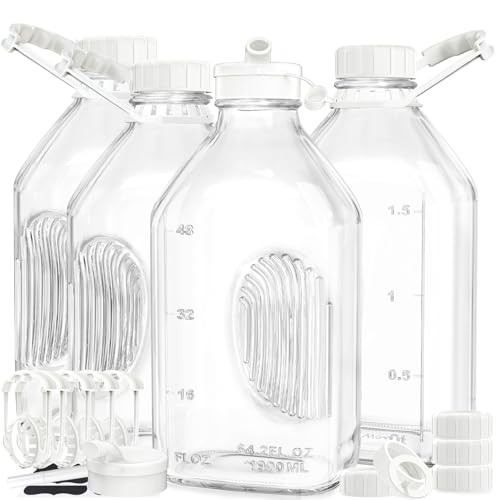 Syntic 4 Pack 2 Qt Glass Milk Bottles with Handle and Airtight Reusable Screw Lids, 1/2 Gal Glass Water & Juice Bottles with 2 Pour Spouts, 64 Oz Milk