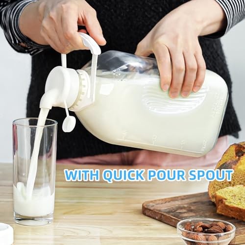 Syntic 4 Pack 2 Qt Glass Milk Bottles with Handle and Airtight Reusable Screw Lids, 1/2 Gal Glass Water & Juice Bottles with 2 Pour Spouts, 64 Oz Milk thumbnail