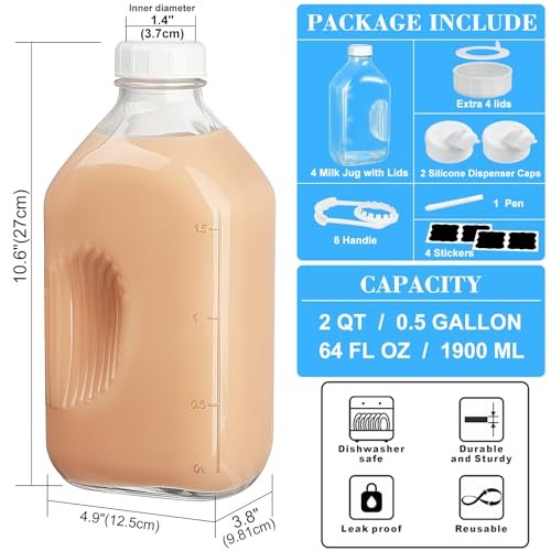 Syntic 4 Pack 2 Qt Glass Milk Bottles with Handle and Airtight Reusable Screw Lids, 1/2 Gal Glass Water & Juice Bottles with 2 Pour Spouts, 64 Oz Milk thumbnail