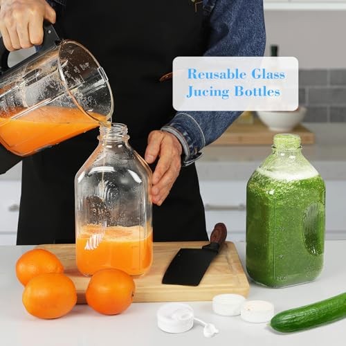 Syntic 4 Pack 2 Qt Glass Milk Bottles with Handle and Airtight Reusable Screw Lids, 1/2 Gal Glass Water & Juice Bottles with 2 Pour Spouts, 64 Oz Milk thumbnail