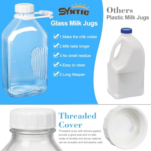 Syntic 4 Pack 2 Qt Glass Milk Bottles with Handle and Airtight Reusable Screw Lids, 1/2 Gal Glass Water & Juice Bottles with 2 Pour Spouts, 64 Oz Milk thumbnail