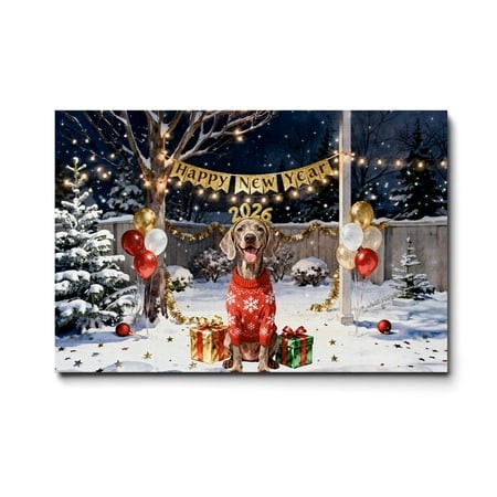 Happy New Year 2026 Weimaraner Holiday Balloons Party Snow Horizontal Matte Canvas Poster Weim Gray Ghost Dog Lover Wall Art Home Decor - 13018