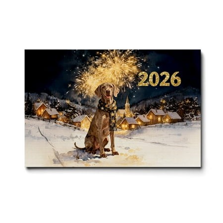 Weimaraner Happy New Year 2026 with Fireworks on New Year S Eve Horizontal Matte Canvas Poster Weim Gray Ghost Dog Lover Wall Art Home Decor - 12022