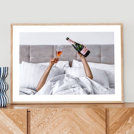 Woman in Bed with Champagne Poster Feminist Bar Art  Unframed Paper Poster 16x20in
