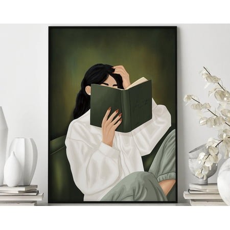 Woman Reading Poster Emerald Green Minimalist Art  Unframed Canvas 16x20in