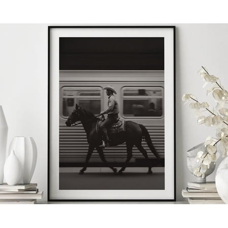 New York Subway Poster Cowboy Vintage Black and White  Stretched Canvas 12x16in