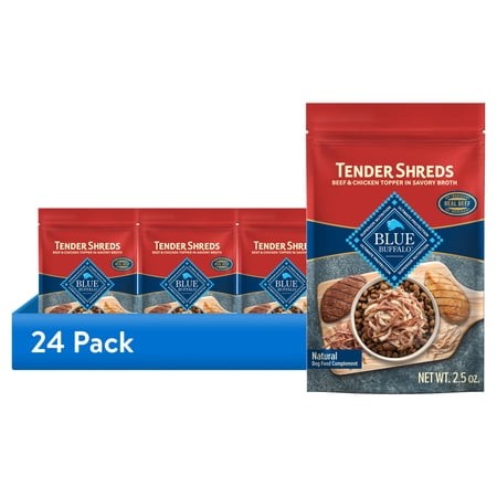 (24 Pack) Blue Buffalo Tender Shreds Toppers  Dog Food  Beef & Chicken  2.5oz. Pouch