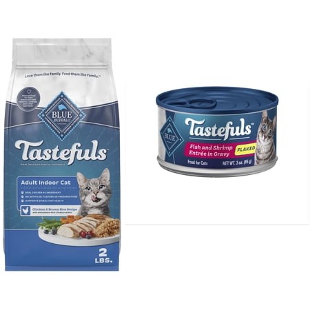Bundle & Save: Blue Buffalo Tastefuls Chicken & Brown Rice Dry Food for Adult Indoor Cats  2lb Bag and Tastefuls Natural Wet Cat Food Cans  Flaked Sty