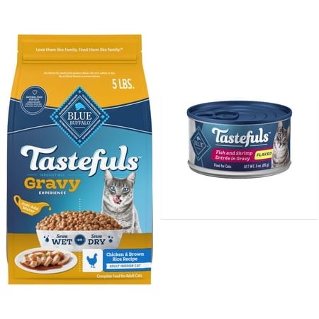 Bundle & Save: Blue Buffalo Tastefuls Irresistible Gravy Indoor Adult Dry Cat Food  Chicken  5lb Bag and Tastefuls Natural Wet Cat Food Cans  Flaked S