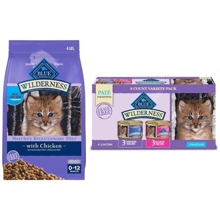 Bundle and Save: Blue Buffalo Wilderness Natural Kitten Dry Cat Food  High-Protein  Chicken  4-lb. Bag and Wet Kitten Food  Chicken & Salmon Variety P