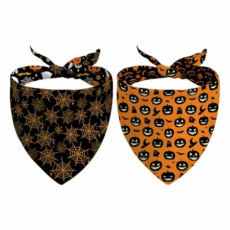 TELOLY 2026 New Fall Halloween Dog Bandanas Reversible 2 Pack Small Black Pumpkin Ghost Spider Web Cute Halloween Pet Bandanas for Dogs Adjustable Tri