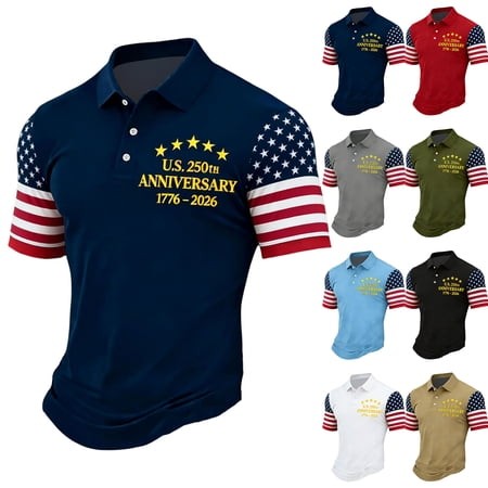 Men S Short-Sleeve Polo Patriotic Shirt USA Flag Graphic Button Golf Collared Shirts 250Th Anniversary T-Shirts White L