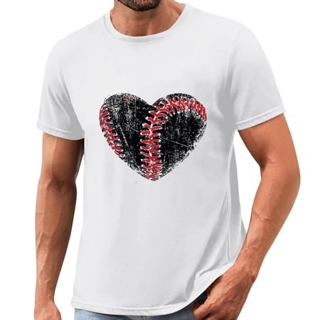 Afelkas Men S Game Day T-Shirt Baseball Heart Graphic Short Sleeve Tee Sports Fan Top Distressed Stitches Casual Design White L