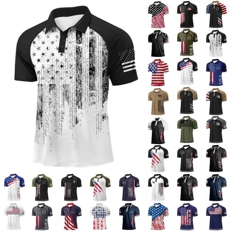 Yeaiivve July 4Th Polos Shirts for Men Patriotic Short Sleeve Raglan Golf T-Shirt American Flag Graphic Tee Casual Buttons Stripes Tee Shirts White L