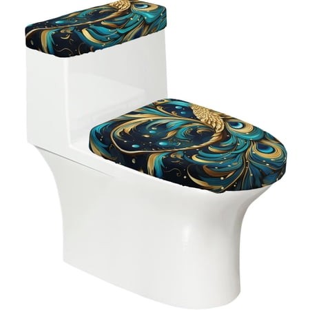 Peacock Feathers Starry 2-Piece Elastic Toilet Lid and Tank Cover Set Soft Universal Fit Bathroom Decor Protector